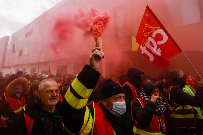 CGT trade unionists during the action near the Olympic village site, in Saint-Denis, Thursday, March 9.