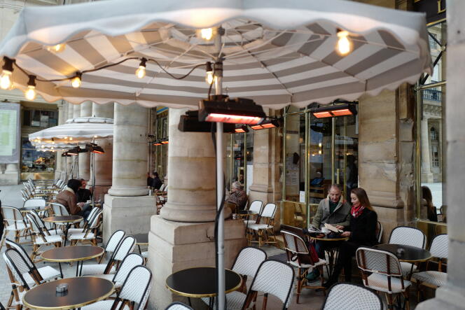 The heated terrace of a café in Paris, on February 13, 2018, in Paris.