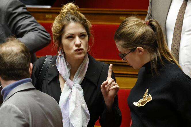 Renaissance deputies Maud Bregeon and Aurore Bergé, at the National Assembly, February 13, 2023.