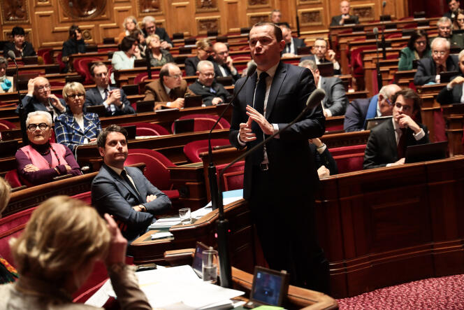 The Minister of Labor, Olivier Dussopt, responds to senators during the review of the pension reform, at the Luxembourg Palace, March 2, 2023.