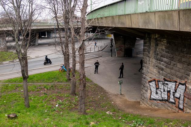 Gendarmes make rounds around the center, near the A1 freeway and the Paris ring road, to prevent the creation of a new crack cocaine camp in Paris on February 1, 2023.
