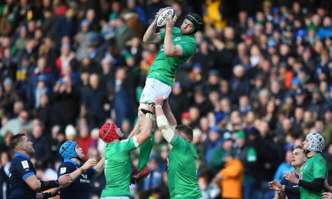 Ireland's Ryan Baird catches the ball in a line-out during the Six Nations rugby match between Scotland and Ireland at Murrayfield Stadium in Edinburgh, Scotland, on March 12, 2023.