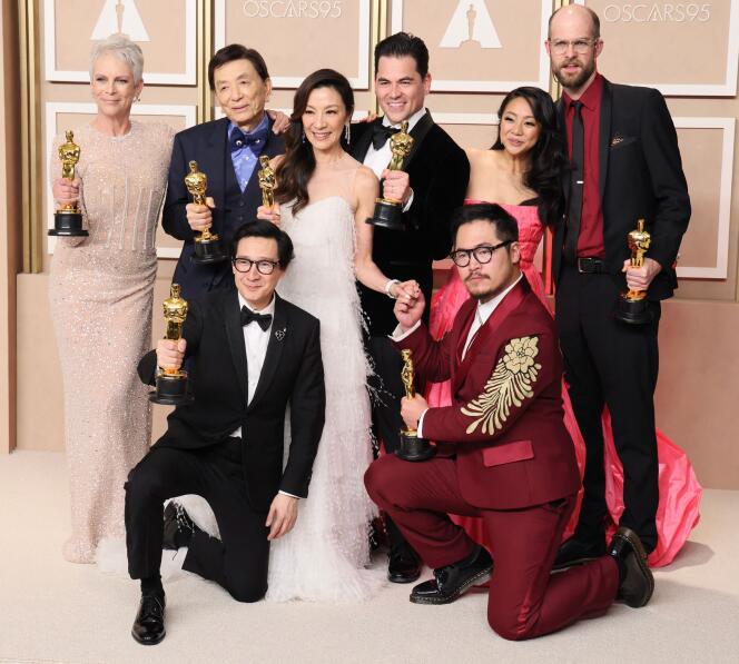 Jamie Lee Curtis, James Hong, Ke Huy Quan, Michelle Yeoh, Jonathan Wang, Daniel Kwan, Stephanie Hsu, and Daniel Scheinert, winners of the Best Picture award for 'Everything Everywhere All at Once' at the 95th Annual Academy Awards, in Hollywood, Calif., on March 12, 2023.
