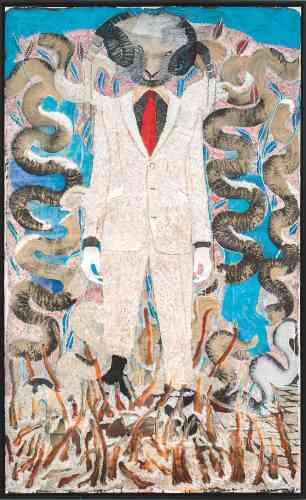 « Man and Superman I », d’Omar Ba (acrylique, crayon, huile, encre de Chine et stylo sur carton marouflé, 250 cm x 150 cm, 2021).