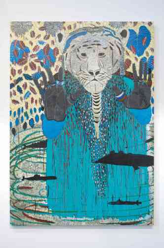 « Jungle - Junkie of War 1 », d’Omar Ba (huile, acrylique, gouache et crayon sur toile, 200 cm x 140 cm, 2018). 