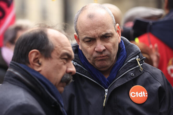 Philippe Martinez (CGT) avec Laurent Berger (CFDT) avant le début de la manifestation contre la réforme des retraites, à Paris, le 7 mars 2023.