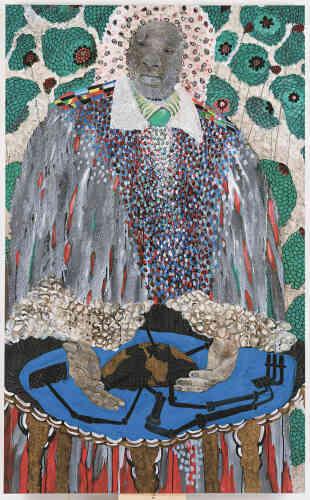 « Water, Energy, Justice for All », d’Omar Ba (acrylique, crayon, huile, encre de Chine et stylo Bic sur toile, 195 cm x 120 cm, 2022).