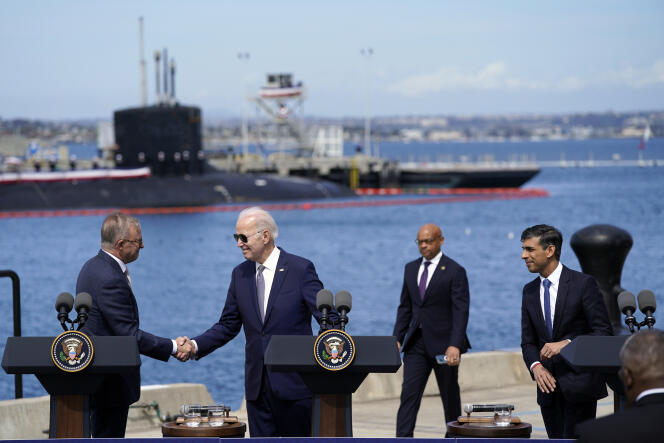 Left to right, Australian Prime Minister Anthony Albanese, US President Joe Biden and UK Prime Minister Rishi Sunak at Point Loma Naval Base, San Diego, California, March 13, 2023.
