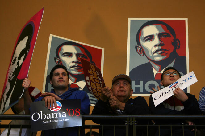 Des partisans du candidat à la primaire démocrate et futur président américain des Etats-Unis, Barack Obama, à Los Angeles, en Californie, le 31 janvier 2008.