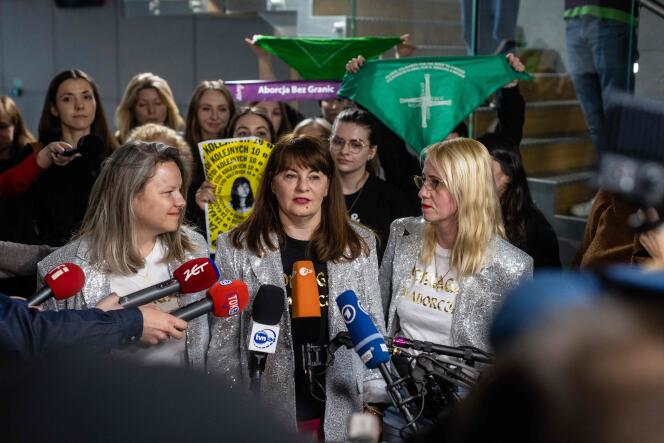 Pro-abortion activist Justyna Wydrzynska holds a press conference after being convicted of assisting an abortion, in Warsaw on March 14, 2023. 