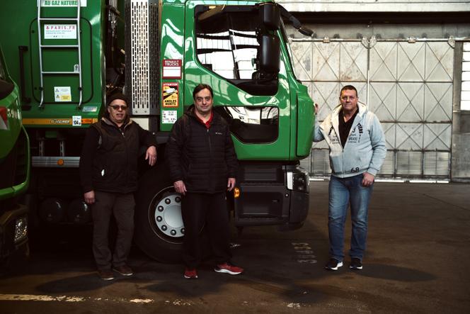 From left to right: Nordine Boukhetla, 61, Cyrille Floirac, 49, and Didier Labruyere, 59, Worker's Force (FO) union representative.  All three are truck drivers for the City of Paris's waste disposal department.