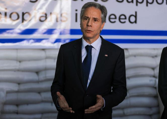 US Secretary of State Antony Blinken gestures as he speaks during a visit to a UN Logistics center warehouse in Addis Ababa on March 15, 2023.  