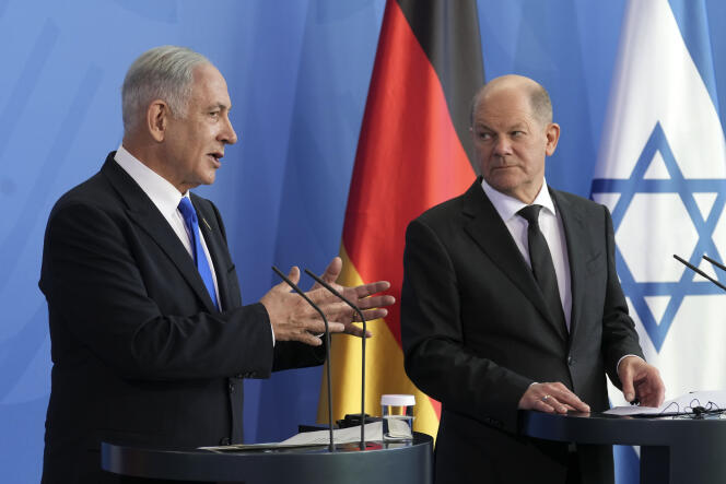 Israeli Prime Minister Binyamin Netanyahu (left) and German Chancellor Olaf Scholz at a press conference in Berlin on March 16, 2023.