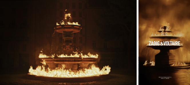 On the left, an image from the video “And Beneath it All Flows Liquid Fire” (2019), by Julian Charrière;  on the right, an image taken from the promotional video posted by Zadig & Voltaire on Instagram.