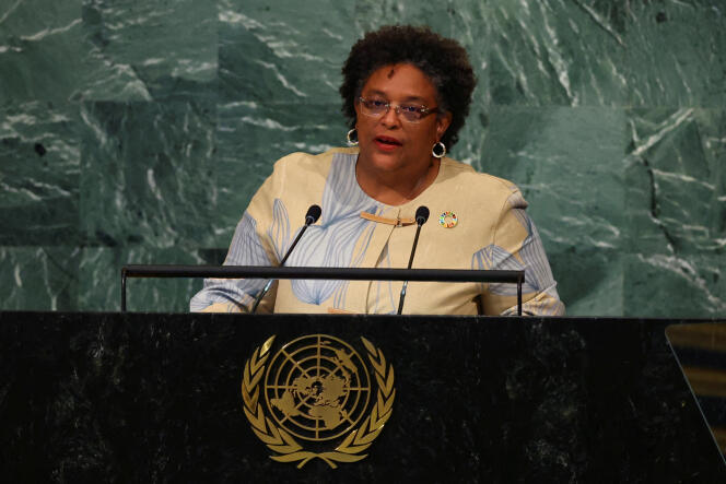 Barbados Prime Minister Mia Mottley at the UN General Assembly in New York on September 22, 2022.