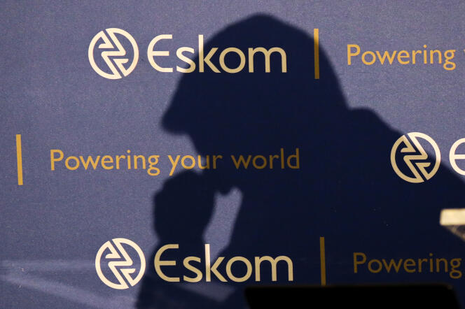 L’ombre d’André de Ruyter, alors PDG de la compagnie publique d’électricité Eskom, lors d’une conférence de presse à Johanneburg, en janvier 2020.