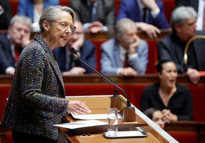 French Prime Minister Elisabeth Borne delivers a speech during a debate on the pension reform bill at the Assemblée Nationale in Paris, France, March 16, 2023.