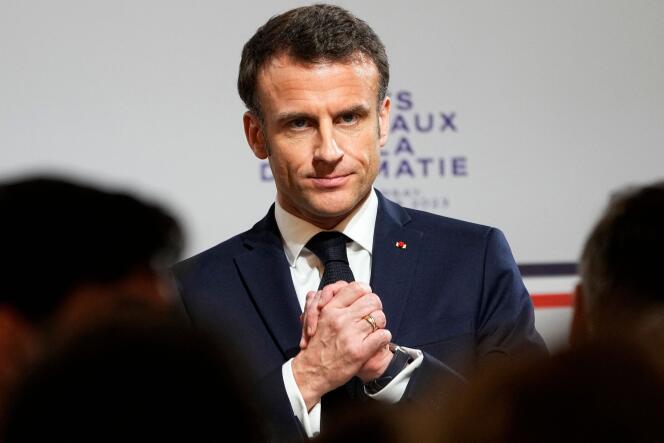 French President Emmanuel Macron reacts during the National Roundtable on Diplomacy at the Foreign Ministry in Paris on March 16, 2023.