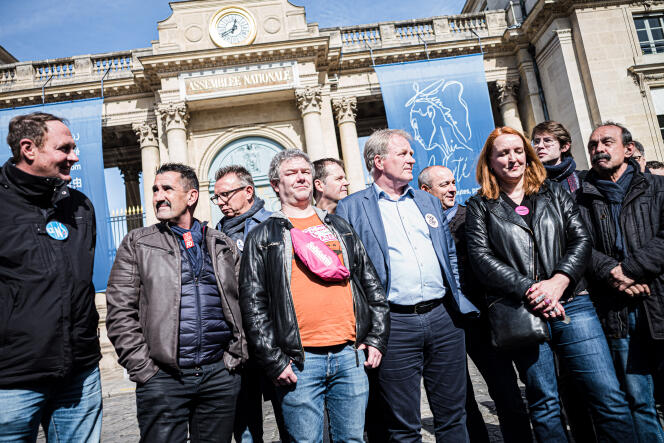Union leaders Laurent Escure (UNSA), Frédéric Souillot (FO), Cyril Chabanier (CFTC), Benoît Teste (FSU), François Hommeril (CFE-CGC), Laurent Berger (CFDT), Murielle Guilbert (Solidaires) and Philippe Martinez (CGT ), in front of the National Assembly, on March 16, 2023