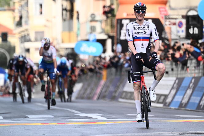 Slovenian Mate Muhoric, on the finish line in Milan-San Remo, March 19, 2022. 