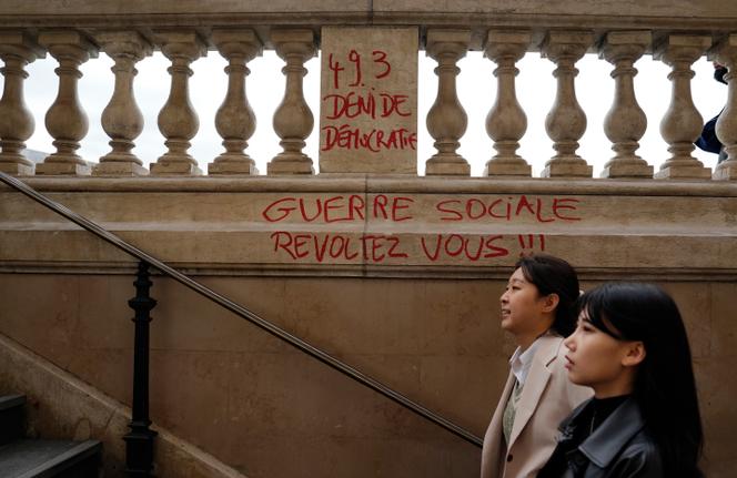 At the exit of a metro station in Paris on March 17, 2023.