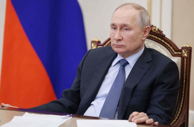 Russian President Vladimir Putin chairs a meeting on the social and economic development of Crimea and Sevastopol via a video link at the Kremlin in Moscow on March 17, 2023. 