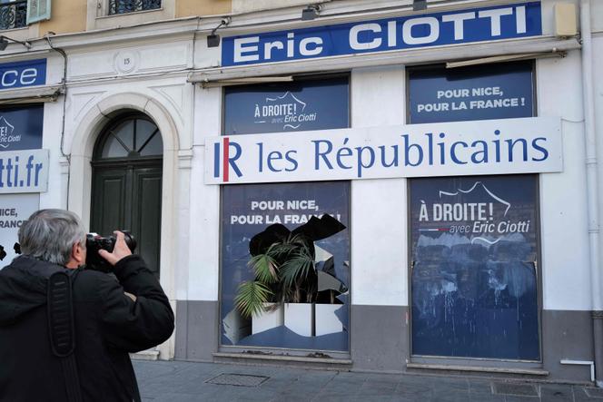 The constituency office of French right-wing Les Republicains (LR) party leader Eric Ciotti, after is was vandalised, in Nice, southeastern France, on March 19, 2023.
