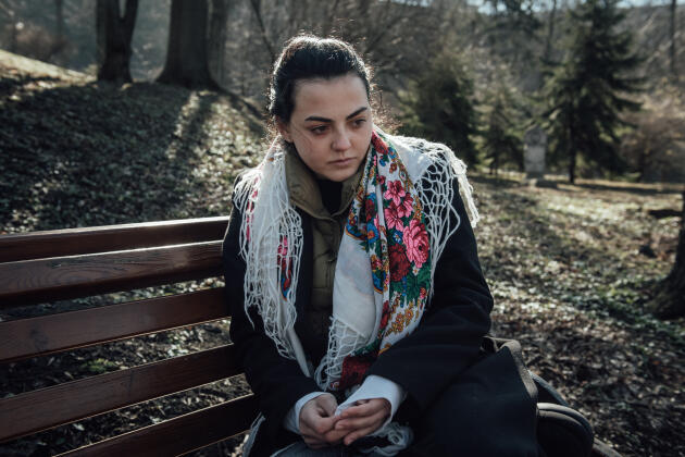 Alina Mykhailova, the partner of Dmytro Kotsyubaylo, nicknamed "Da Vinci" in the park of Askold's Grave, near the church of St. Nicolas, in Kyiv, March 15, 2023.