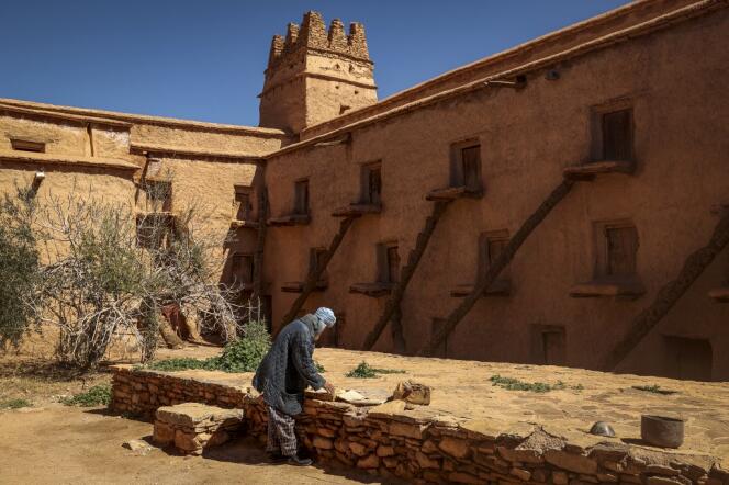 In front of the collective granary of the village of Aït Kine, March 1, 2023. Morocco has managed to preserve some 500 granaries, but few are still in operation to preserve seeds, oils and family archives.