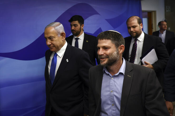 Israeli Prime Minister Benjamin Netanyahu (left) and Finance Minister Bezalel Smotrich during a meeting in Jerusalem on February 23, 2023.