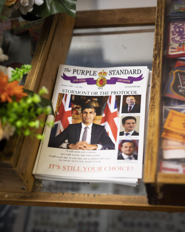 The Purple Standard, a loyalist publication on sale in the deprived and staunchly loyalist working-class neighborhood of East Belfast, near the city's docks, on March 17, 2023.