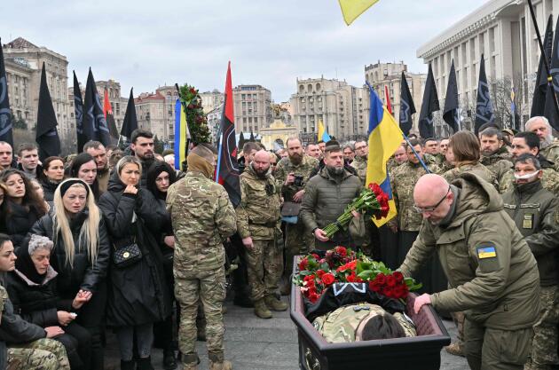 Ukrainian Defense Minister Oleksii Reznikov at the funeral of Dmytro Kotsyubaylo, who had the callsign "Da Vinci", in Kyiv on March 10, 2023.