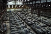 German-made Leopard 1 tanks and other armored vehicles in a hangar in Tournais, Belgium, on January 31, 2023.
