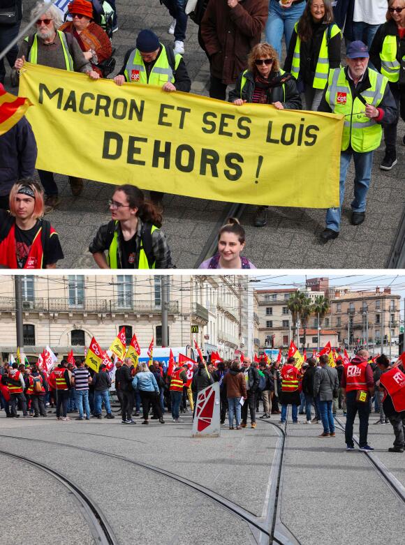 Des syndicalistes bloquent les rails du tramway lors d’une manifestation contre le recours au 49.3 pour faire passer la réforme des retraites sans vote au Parlement, devant la gare Saint-Roch à Montpellier, le 21 mars 2023.