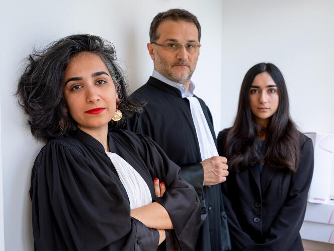 From left to right, lawyers Chirine Ardakan and Hirbod Dehghani-Azar and law student Mona Armande, members of the Iranian Justice Collective, in Paris, March 19, 2023.