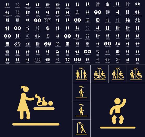 En haut : panel de pictogrammes représentant le service des toilettes publiques à travers le monde. En bas, de gauche à droite : évolution du pictogramme du service de table à langer réalisée par l’AREP en concertation avec SNCF Gares & Connexions.