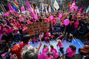A gay rights demonstration in Milan, Italy, on March 18, 2023. The sign reads, 