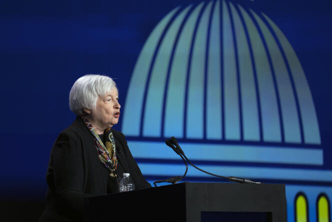 La secretaria del Tesoro de EE. UU., Janet Yellen, en la Asociación Bancaria Estadounidense en Washington el 21 de marzo de 2023.