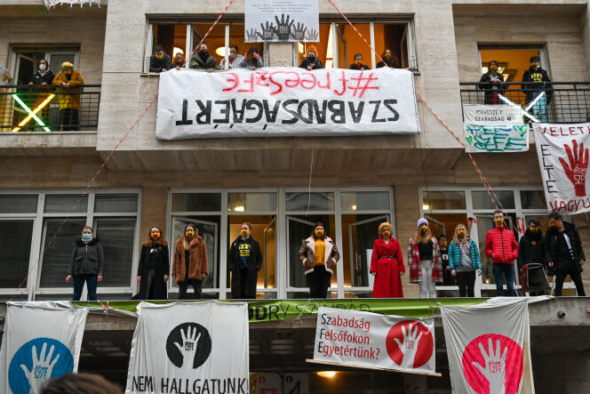 Students protest at the University of Theatre and Film Arts (SZFE) in Budapest, November 11, 2020.