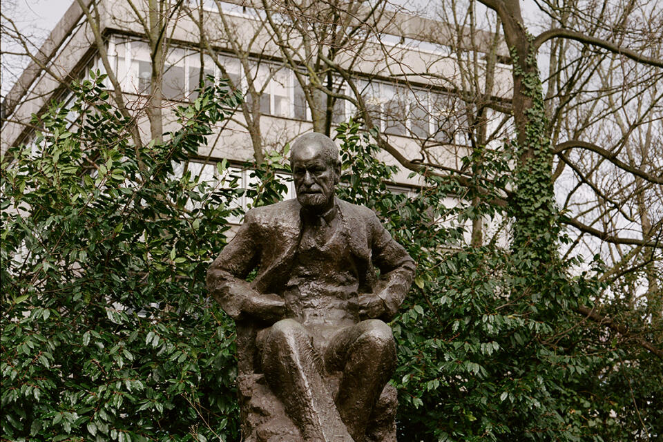 March 13, 2023. Tavistock clinic in London with the statue of Freud in the foreground.