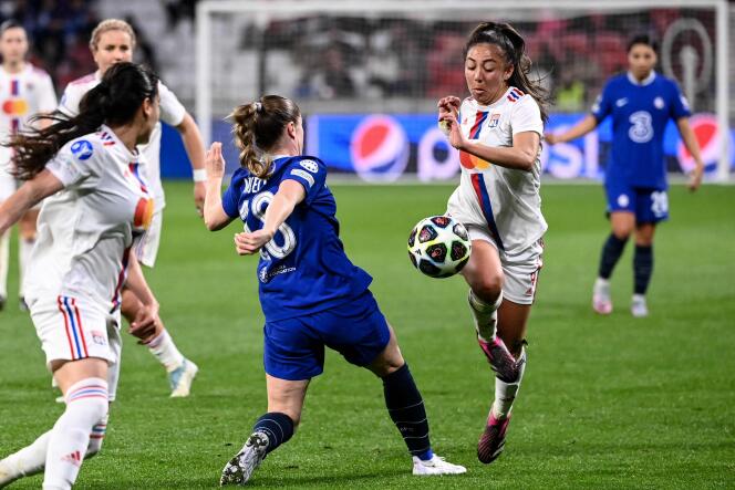 Lyon's defender Selma Bacha challenges Chelsea's Maren Mielde during the Champions League quarter-final first leg loss against Chelsea 1-0 at the Groupe Stade in Descines-Charpierre, near Lyon, on March 22, 2023.