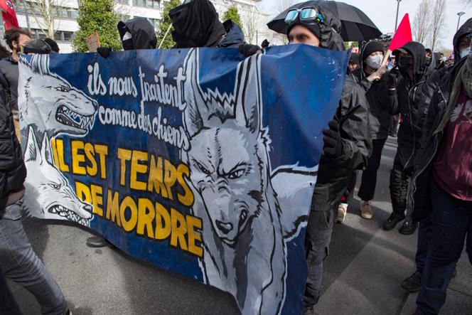 A Black Bloc banner during a demonstration against the pension reform, in Nantes, March 15, 2023.