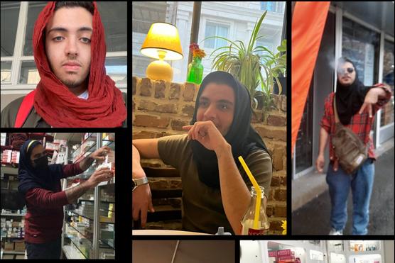 Capture d’écran d’un post diffusé le 12 mars 2023 sur le compte Twitter @Homa2021 montrant des hommes iraniens portant le voile en soutien aux femmes.