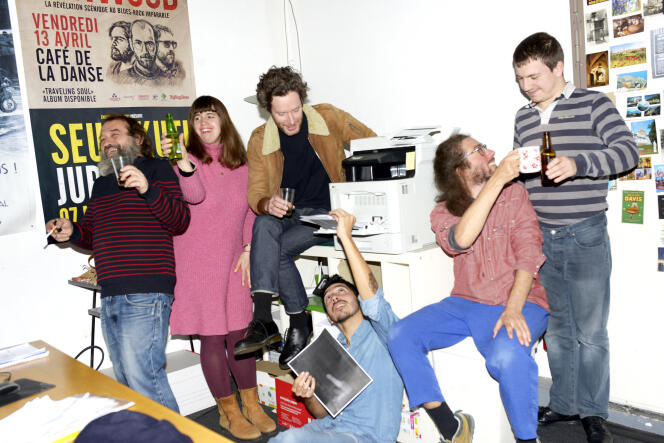 The Astereotypie group, in the Ferber studios, in Paris, on December 9, 2022. From left to right: Eric Dubessay, Claire Ottaway, Benoît Guivarch, Christophe L'Huillier, Arthur B. Gillette, Stanislas Carmont.