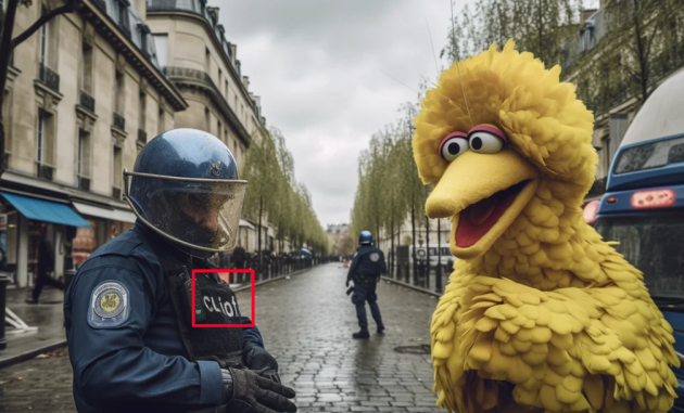 Logo fantaisiste sur le plastron de ce policier parisien en pleine conversation avec un personnage de « Sesame Street ».