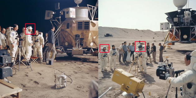 Sur ces deux images du « tournage » de la mission Apollo 11 générées informatiquement, Midjourney témoigne de sa difficulté à doter les personnages humains de casques cohérents.