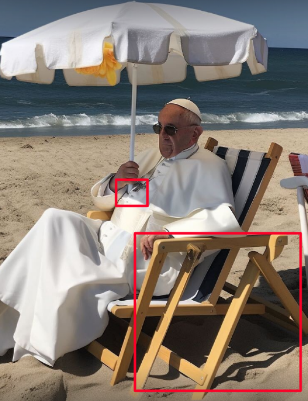 Sur cette image du pape à la plage, la chaise pliante présente un nombre anormalement élevé de pieds.