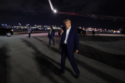Returning from a rally in Waco, Texas, former US president Donald Trump seen at West Palm Beach airport, Florida, March 25, 2023.