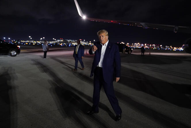 Returning from a rally in Waco, Texas, former US president Donald Trump seen at West Palm Beach airport, Florida, March 25, 2023.