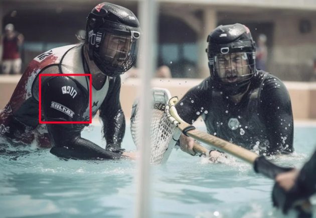 Sur les épaules de ce joueur de hockey aquatique, des inscriptions illisibles : et pour cause, il s’agit d’une fausse photo d’un faux sport.